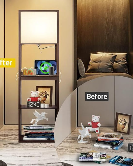 Floor Lamp with Shelves Plus, 4-Tier Wireless Charger Shelf Floor Lamp for Bedroom Living Room, USB and Type C Charging Ports 2 AC Power Outlets, 3CCT Color Selectable 15W Bulb(Walnut). - LeafyLoom