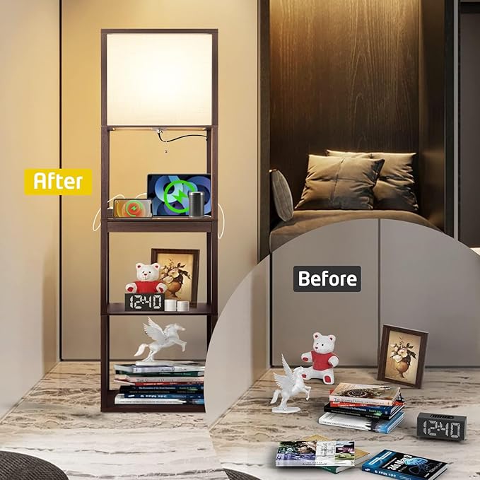 Floor Lamp with Shelves Plus, 4-Tier Wireless Charger Shelf Floor Lamp for Bedroom Living Room, USB and Type C Charging Ports 2 AC Power Outlets, 3CCT Color Selectable 15W Bulb(Walnut). - LeafyLoom