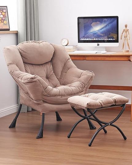 Lazy Chair and Ottoman, Large Accent Lounge Chair with Armrests and a Side Pocket, Modern Leisure Upholstered Sofa Reading Armchair with Footrest for Bedroom, Living Room, Dorm Rooms, Office - LeafyLoom