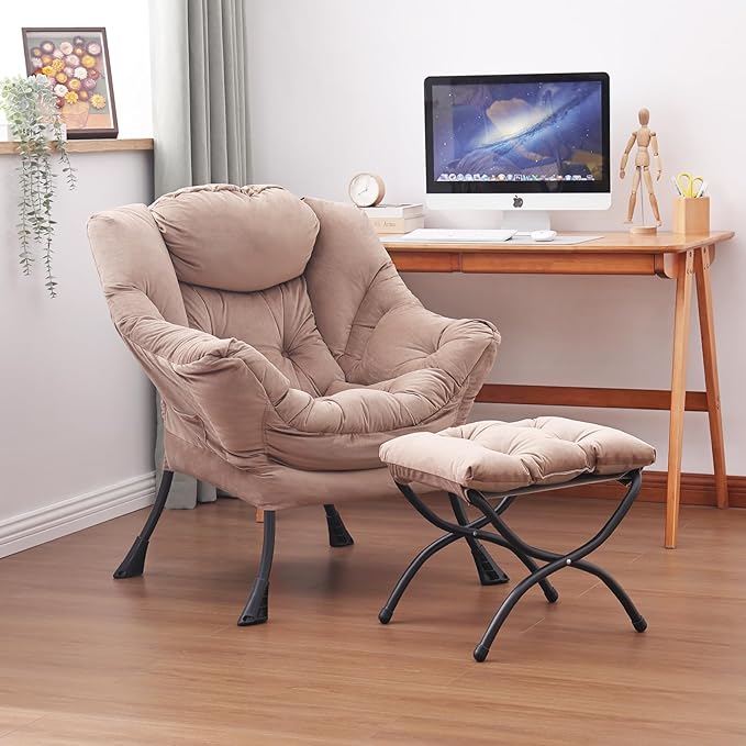 Lazy Chair and Ottoman, Large Accent Lounge Chair with Armrests and a Side Pocket, Modern Leisure Upholstered Sofa Reading Armchair with Footrest for Bedroom, Living Room, Dorm Rooms, Office - LeafyLoom