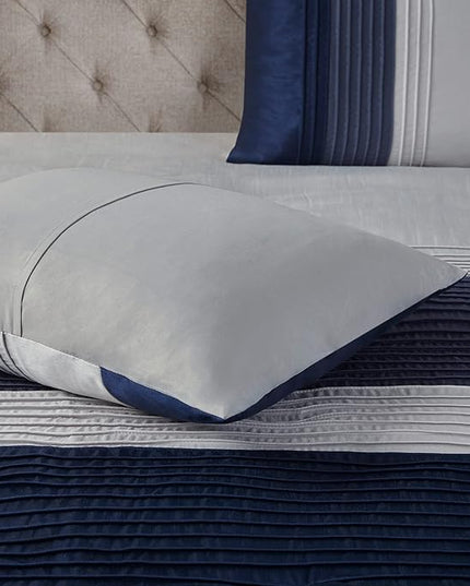 Madison Park Amherst Faux Silk Comforter Set-Casual Contemporary Design All Season Down Alternative Bedding, Matching Shams, Bedskirt, Decorative Pillows, King(104"x92"), Navy, 7 Piece (MP10-2208) - LeafyLoom