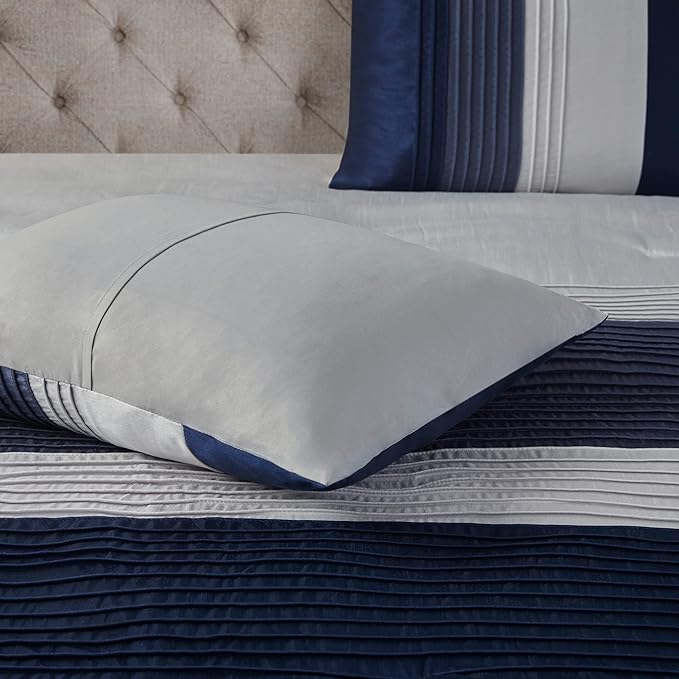Madison Park Amherst Faux Silk Comforter Set-Casual Contemporary Design All Season Down Alternative Bedding, Matching Shams, Bedskirt, Decorative Pillows, King(104"x92"), Navy, 7 Piece (MP10-2208) - LeafyLoom