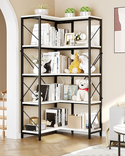 YITAHOME Corner Bookshelf, 5-Tier L-Shaped Bookcase Storage Organizer, Tall Open Display Freestanding Storage Rack Modern Book Shelf for Living Room, Bedroom, Home Office, White - LeafyLoom