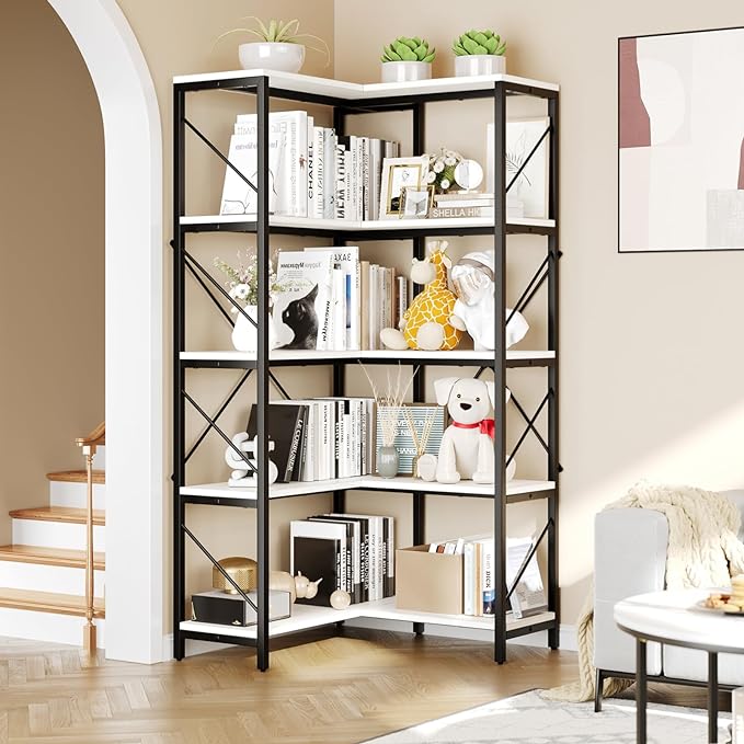 YITAHOME Corner Bookshelf, 5-Tier L-Shaped Bookcase Storage Organizer, Tall Open Display Freestanding Storage Rack Modern Book Shelf for Living Room, Bedroom, Home Office, White - LeafyLoom