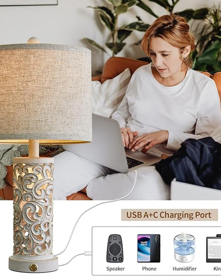 OYEARS 3-Way Dimmable 22'' Table Lamp Set of 2 for Living Room Bedroom Farmhouse Vintage Retro Bedside Lamps Touch Control with USB Ports Linen Shade for Home Office (Wash White, Bulb Included) - LeafyLoom