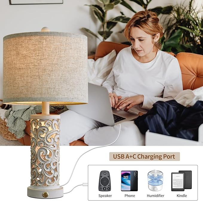OYEARS 3-Way Dimmable 22'' Table Lamp Set of 2 for Living Room Bedroom Farmhouse Vintage Retro Bedside Lamps Touch Control with USB Ports Linen Shade for Home Office (Wash White, Bulb Included) - LeafyLoom