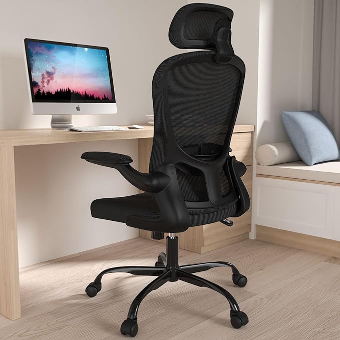 Office Chair, High Back Ergonomic Desk Chair, Breathable Mesh Desk Chair with Adjustable Lumbar Support and Headrest, Swivel Task Chair with flip-up Armrests, Executive Chair for Home Office - LeafyLoom