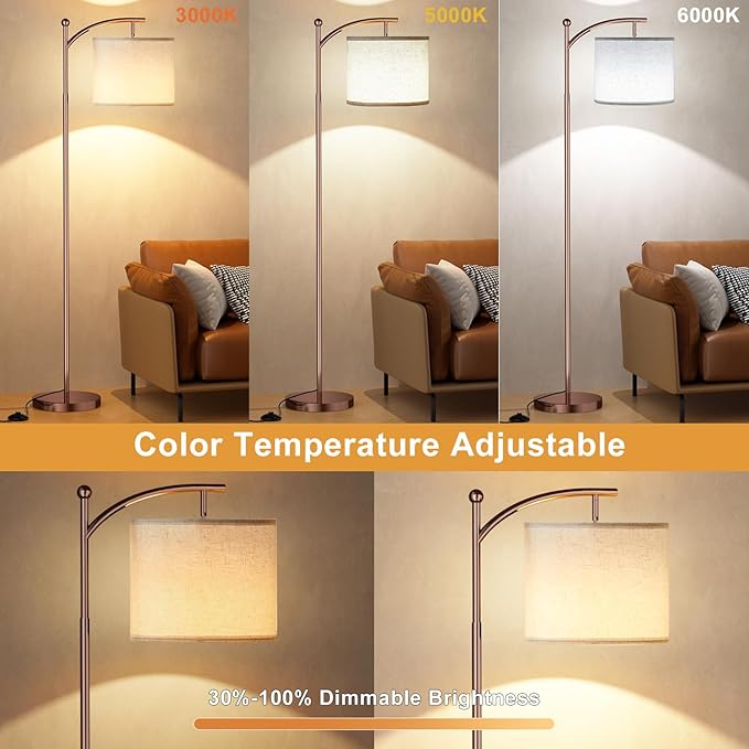 Ambimall Floor Lamp with Remote Control and Stepless Dimmable Bulb, Colors Temperature & Brightness Adjustable, Modern Floor Lamps for Living Room（Beige Shade & Brown Pole） - LeafyLoom