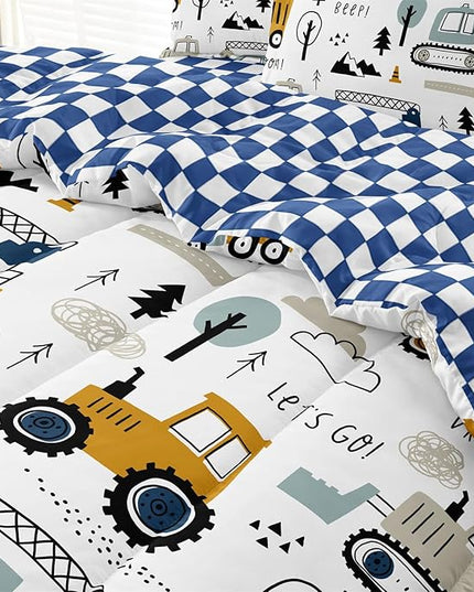 5-Pcs Construction Full Size Boys Bedding Set, Kids Comforter Set for Teens w/Sheets and Pillowcase, Soft Cartoon Tractor Cars Bed in a Bag Sets - LeafyLoom