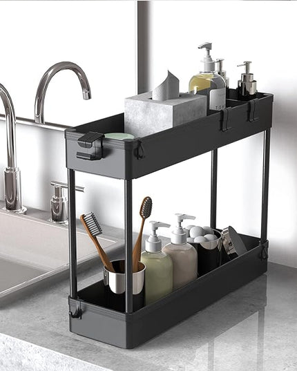 SPACELEAD Slim Storage Cart 4 Tier, Storage Organizer Rolling Utility/ Mobile Shelving Unit Slide Out Storage Cart for Office, Bathroom, Kitchen, Laundry Room & Narrow Places， Black - LeafyLoom