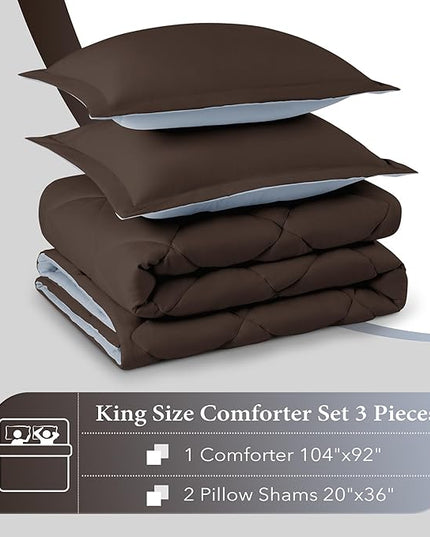 downluxe King Size Comforter Set - Brown and Blue King Comforter, Soft Bedding Sets for All Seasons -3 Pieces - 1 Comforter (104"x92") and 2 Pillow Shams(20"x36") - LeafyLoom