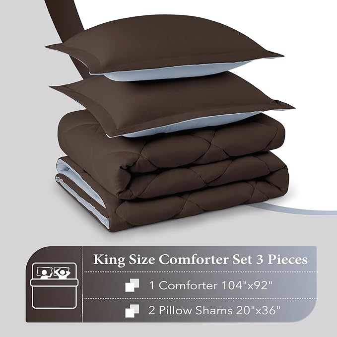 downluxe King Size Comforter Set - Brown and Blue King Comforter, Soft Bedding Sets for All Seasons -3 Pieces - 1 Comforter (104"x92") and 2 Pillow Shams(20"x36") - LeafyLoom