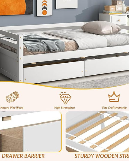 Twin Daybed with 2 Storage Drawers,Pinewood Twin Size Daybed Frame with Guardrail,for Boys/Girls/Teens Bedroom, Easy to Assemble, No Box Spring Needed,White - LeafyLoom
