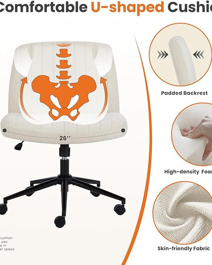 Sweetcrispy Criss Cross Office Chair with Wheels, Wide Armless Home Office Desk Chair with Dual-Purpose Base, Swivel Adjustable Fabric Task Vanity Computer Chair, Beige - LeafyLoom