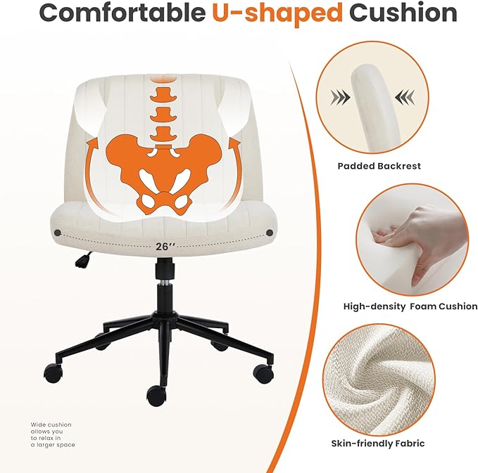 Sweetcrispy Criss Cross Office Chair with Wheels, Wide Armless Home Office Desk Chair with Dual-Purpose Base, Swivel Adjustable Fabric Task Vanity Computer Chair, Beige - LeafyLoom