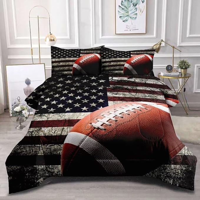 American Football Comforter Set for Boys Teens,Kids Sports Bedding Set Queen Size,USA Flag Football Printed Bedroom Sets with 2 Matching Pillow Shams - LeafyLoom