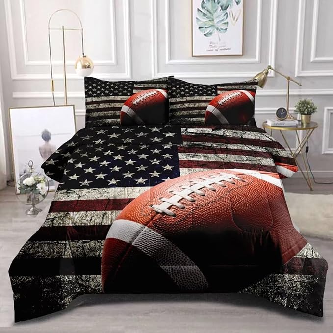 American Football Comforter Set for Boys Teens,Kids Sports Bedding Set Full Size,USA Flag Football Printed Bedroom Sets with 2 Matching Pillow Shams - LeafyLoom