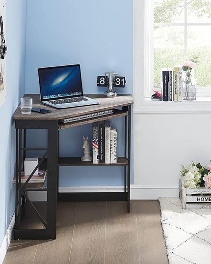 VECELO Corner Computer Desk 42 x 30 inches with Smooth Keyboard & Storage Shelves for Home Office Workstation, Rustic Brown - LeafyLoom