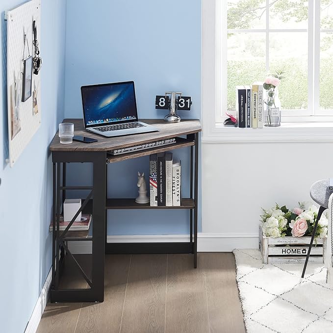 VECELO Corner Computer Desk 42 x 30 inches with Smooth Keyboard & Storage Shelves for Home Office Workstation, Rustic Brown - LeafyLoom