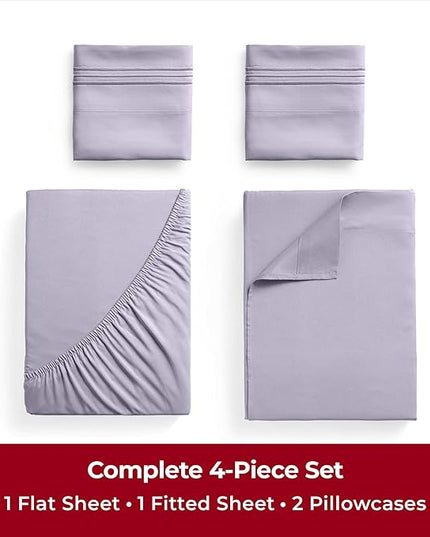 Mellanni Twin Sheets Set - 4 Piece Iconic Collection Bedding Sheets & Pillowcases - Luxury, Ultra Soft, Cooling Bed Sheets - Deep Pocket up to 16 inch - 4 PC (Twin, Lavender w/Extra Pillow Case) - LeafyLoom
