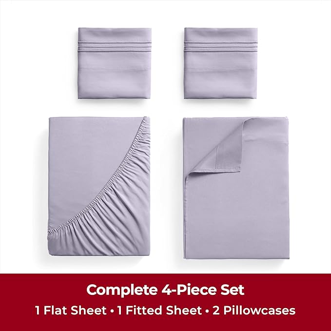 Mellanni Twin Sheets Set - 4 Piece Iconic Collection Bedding Sheets & Pillowcases - Luxury, Ultra Soft, Cooling Bed Sheets - Deep Pocket up to 16 inch - 4 PC (Twin, Lavender w/Extra Pillow Case) - LeafyLoom