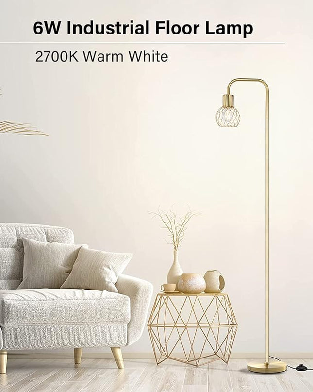 Brass Gold Floor Lamp for Living Room, Modern Industrial Standing Lamp with 6W LED Bulb, Foot Switch, Metal Tall Stand Up Lamp, Minimalist Farmhouse Boho Pole Lamp for Bedroom, Office, Vintage, Rustic - LeafyLoom