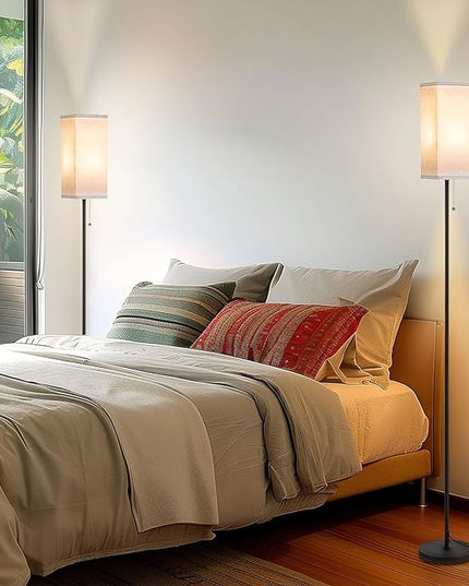Tall Floor Lamp Set of 2 with Linen Shade - 3 Color Temperature, Black, LED Bulbs, Pull Chain Switch, Easy Assembly(2 Pack) - LeafyLoom