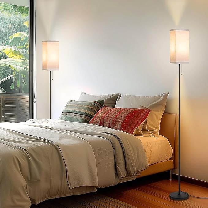 Tall Floor Lamp Set of 2 with Linen Shade - 3 Color Temperature, Black, LED Bulbs, Pull Chain Switch, Easy Assembly(2 Pack) - LeafyLoom