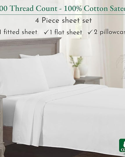 California Design Den King Sheets Cotton, Luxury 600 Thread Count 100% Sateen Bed Sheets Set, Extra Deep Pocket King Sheets, Hotel-Quality Sheets, Better than Egyptian Cotton Sheets, White - LeafyLoom