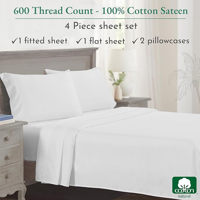 California Design Den King Sheets Cotton, Luxury 600 Thread Count 100% Sateen Bed Sheets Set, Extra Deep Pocket King Sheets, Hotel-Quality Sheets, Better than Egyptian Cotton Sheets, White - LeafyLoom
