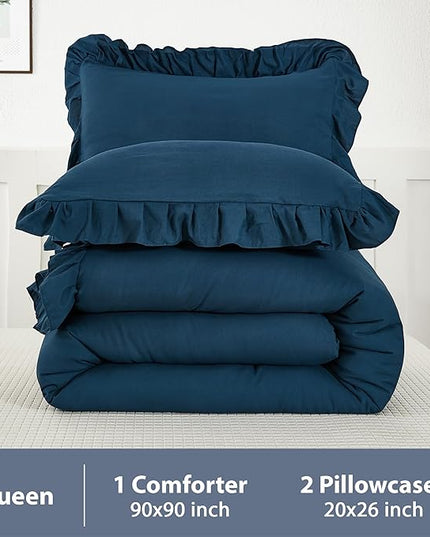 Andency Navy Blue Queen Comforter Set, 3 Pieces Boho Lightweight Solid Bedding Sets for Queen Bed, Fluffy Soft Double Women Men Microfiber Bedding Set - LeafyLoom