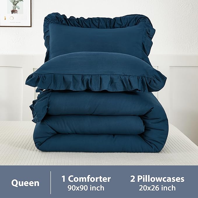 Andency Navy Blue Queen Comforter Set, 3 Pieces Boho Lightweight Solid Bedding Sets for Queen Bed, Fluffy Soft Double Women Men Microfiber Bedding Set - LeafyLoom