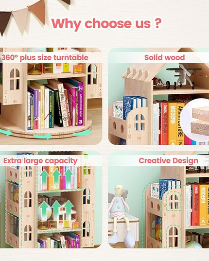 Rotating Bookshelf 360 Display 4 Tier Floor Standing Bookcase Storage Rack for Kids&Adults Bookshelf, Wood Book Shelf, Storage Book Bookrack - LeafyLoom