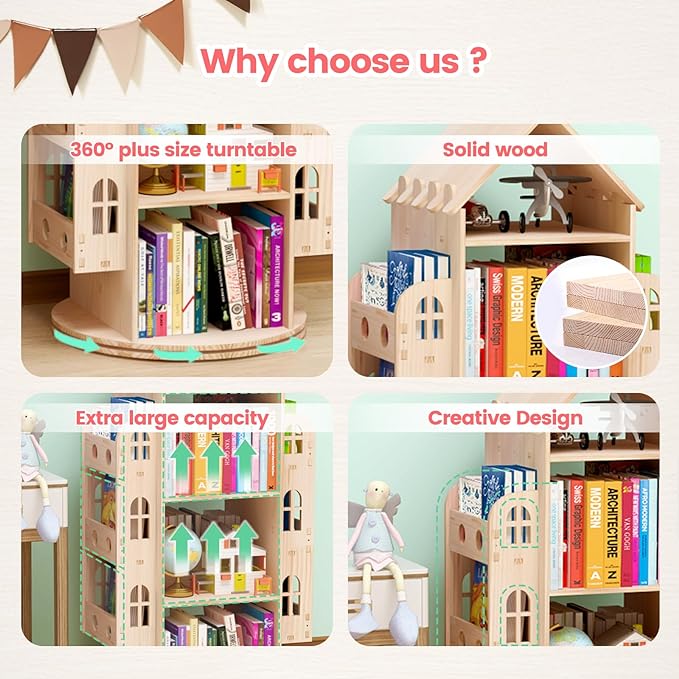 Rotating Bookshelf 360 Display 4 Tier Floor Standing Bookcase Storage Rack for Kids&Adults Bookshelf, Wood Book Shelf, Storage Book Bookrack - LeafyLoom