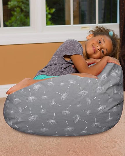 Posh Creations Bean Bag Chair for Kids, Teens, and Adults Includes Removable and Machine Washable Cover, Canvas White Dandelions on Gray, 27in - Medium - LeafyLoom