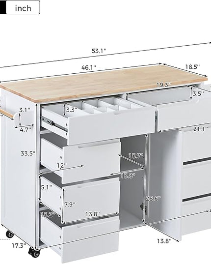 Kitchen Island on Lockable Wheels, Mobile Kitchens Cart with Rubber Wood Countertop, w/Drawer and Storage Cabinet for Dining Room, Bar - LeafyLoom