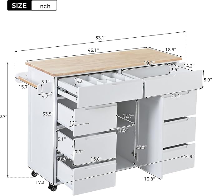 Kitchen Island on Lockable Wheels, Mobile Kitchens Cart with Rubber Wood Countertop, w/Drawer and Storage Cabinet for Dining Room, Bar - LeafyLoom