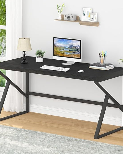 HSH Black Computer Desk, Long Home Office Laptop PC Desk, Large Industrial Metal Wood Executive Writing Gaming Workstation Desk, Modern Simple Student Study Work Table for Bedroom Living Room, 60 Inch - LeafyLoom