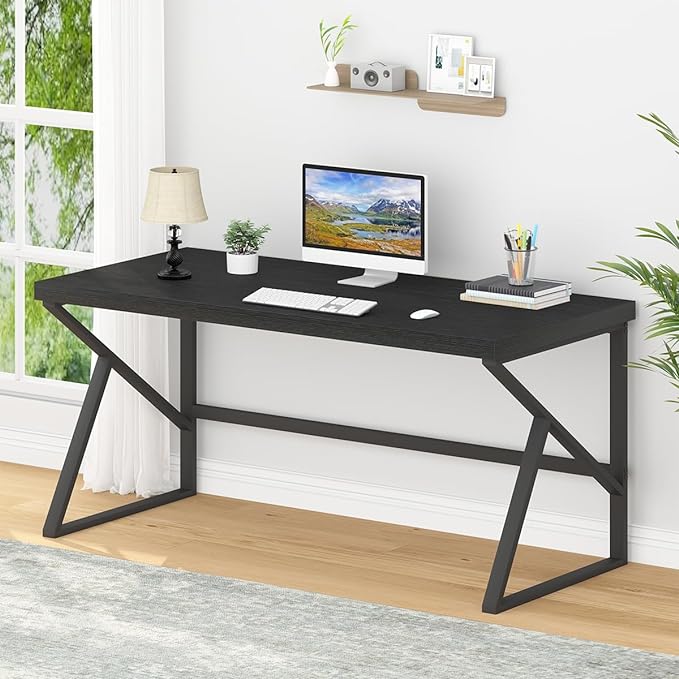 HSH Black Computer Desk, Long Home Office Laptop PC Desk, Large Industrial Metal Wood Executive Writing Gaming Workstation Desk, Modern Simple Student Study Work Table for Bedroom Living Room, 60 Inch - LeafyLoom