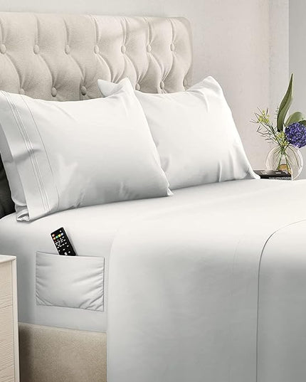 DREAMCARE King Size Sheets Set - Cooling Bed Sheets - 4pcs Set - up to 15" Deep Pocket King Sheet Set – Soft & Long Lasting Cooling - 100% Fine Brushed Polyester with Side Pocket - White - LeafyLoom