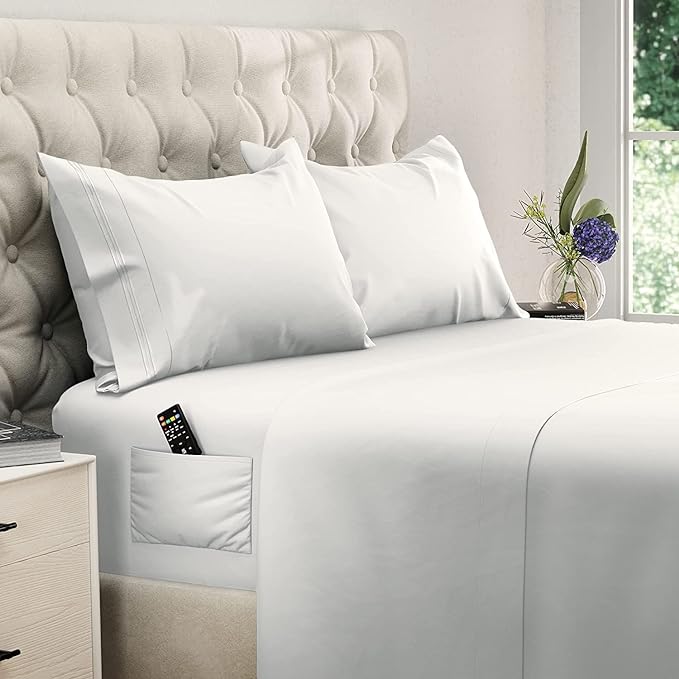 DREAMCARE King Size Sheets Set - Cooling Bed Sheets - 4pcs Set - up to 15" Deep Pocket King Sheet Set – Soft & Long Lasting Cooling - 100% Fine Brushed Polyester with Side Pocket - White - LeafyLoom