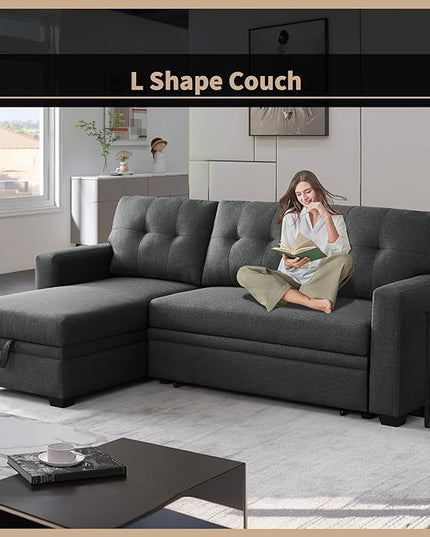 4-in-1 Convertible Pull Out Modular Sectional Sofa Bed for Living Room Furniture Sets, L Shaped Comfy Couch with Reversible Storage Chaise Upholstered for Apartment, Studio, Office, Dark Gray-2 - LeafyLoom