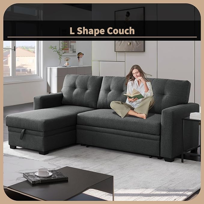 4-in-1 Convertible Pull Out Modular Sectional Sofa Bed for Living Room Furniture Sets, L Shaped Comfy Couch with Reversible Storage Chaise Upholstered for Apartment, Studio, Office, Dark Gray-2 - LeafyLoom