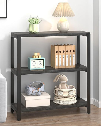 FOLUBAN Rustic Small Bookshelf and Bookcase, 3 Tier Low Short Book Shelf, Industrial Metal and Wood Book Case for Bedroom Living Room, Dark Gray - LeafyLoom