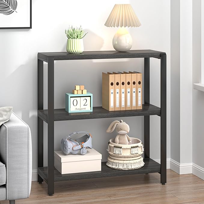 FOLUBAN Rustic Small Bookshelf and Bookcase, 3 Tier Low Short Book Shelf, Industrial Metal and Wood Book Case for Bedroom Living Room, Dark Gray - LeafyLoom