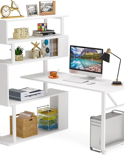 Rotating Computer Desk L-Shaped Office Desk with 5 Shelves Bookcase, Reversible Writing Desk Study Table with Wheels for Home Office, White - LeafyLoom