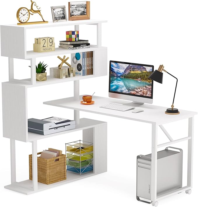 Rotating Computer Desk L-Shaped Office Desk with 5 Shelves Bookcase, Reversible Writing Desk Study Table with Wheels for Home Office, White - LeafyLoom
