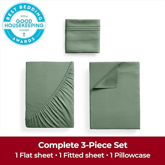Mellanni Twin XL Sheets Set - 3 PC Iconic Collection Bedding Sheets & Pillowcases - Hotel Luxury, Extra Soft, Cooling Bed Sheets - Deep Pocket up to 16 inch (Twin Extra Long, Sage) - LeafyLoom