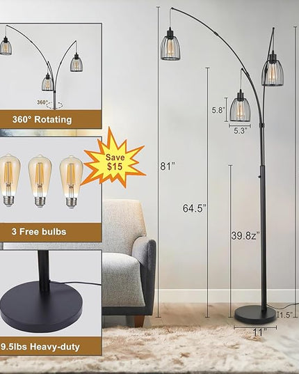 Arc Floor Lamps for Living Room,81" 3 Lights Dimmable Industry Tall Floor Lamp for Bedroom Office Dorm Room Corner Standing Lamp includes 3 Bulbs - LeafyLoom