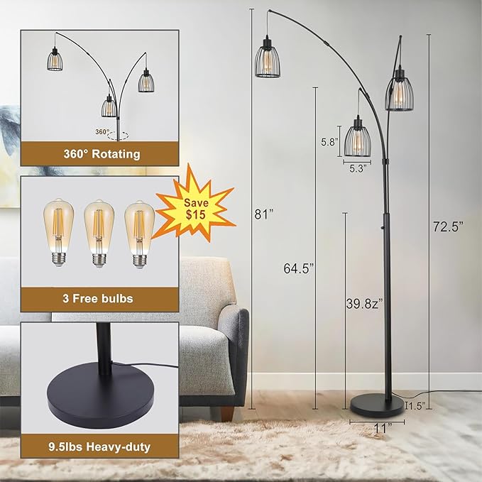 Arc Floor Lamps for Living Room,81" 3 Lights Dimmable Industry Tall Floor Lamp for Bedroom Office Dorm Room Corner Standing Lamp includes 3 Bulbs - LeafyLoom